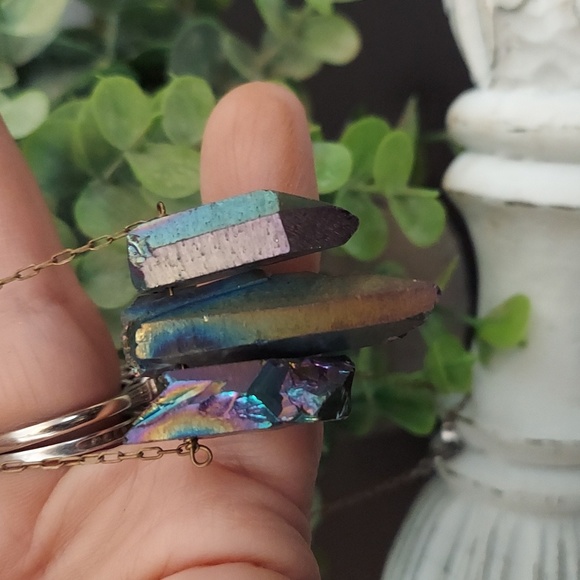 SOLD Raw Rainbow Aurora Quartz Crystal Neckace on 20" Goldtone Chain - Picture 3 of 5